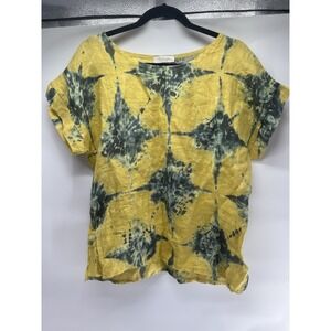 Bellambia Linen Short Sleeve Shirt Lagenlook Top Tie Dye Print Italy Boho Small
